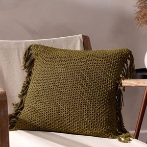 Yard Nimble Gebreid katoenen kussen met kwastjes en veren gevuld