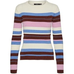 VERO MODA Dames Vmchili Ls O-Neck Stripe Pullover Boo gebreide trui, Birch/Stripes: blauwe jasper + Fired Brick + Fuchsia Pink, M