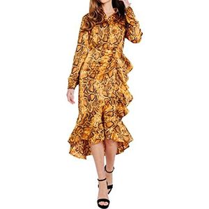 Pretty Darling Dames mosterd slangenprint lange mouwen ruches midi-casual overhemdjurk, Mosterd, 36