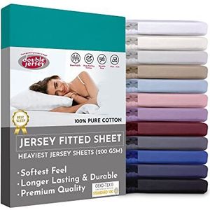 Double Jersey Fitted Sheet 100% Soft Cotton - Double-Knitted High-Fiber Fabric Density, Smooth Non-Iron with All-Around Elastic, Sheets for 32cm Bed Mattress Height - Turquoise, 120x200+32