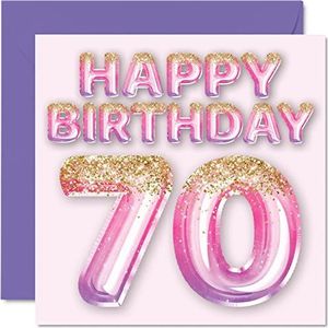 70e verjaardagskaart voor vrouwen - roze en paarse glitterballonnen - gelukkige verjaardagskaarten voor 70-jarige vrouw mama geweldige oppas oma oma, 145 mm x 145 mm zeventigste verjaardag wenskaarten