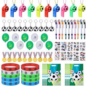 AlagiFun Voetbalfeesttassenvulling voor kinderen, World Cup voetbal Qatar decoraties, 80 stuks voetbalfeestdecoraties, pijpen, ballonnen, medailles, armbanden, geschenktassen