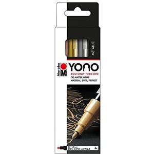 Marabu YONO 124000004001 Markeerset van metaal met 4 kleuren, veelzijdige acrylstiften, fijne, Japanse ronde punt, 0,5-1,5 mm, op waterbasis, lichtecht en waterbestendig, voor bijna alle ondergronden