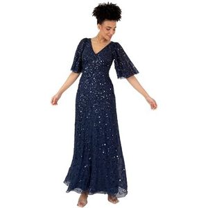 Maya Deluxe Maxi-jurk voor dames, V-hals, korte hengelmouwen, pailletten, versierd, A-lijn, bruidsmeisje, bruiloft, gala, bal, gown marineblauw, maat 42, donkerblauw, 42