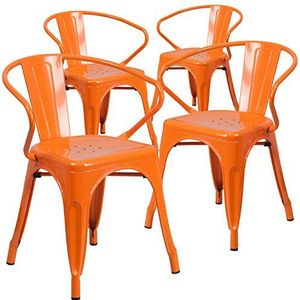 Flash Furniture Roy Commercial Grade stoel met armleuningen, metaal, oranje, 4 stuks