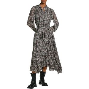 Pepe Jeans - Pixy - Jurk - Zwart - Plumeti Chiffon - Lange Mouw - Strik Kraag