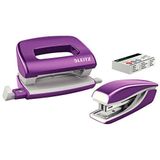 Leitz 55612062 Mini Stapler and Hole Punch Set, Staple or Punch Up to 10 Sheets, Includes P2 N°10 Staples, WOW Range, Purple