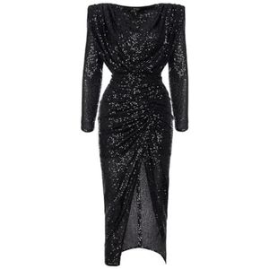 Swing Fashion Fenomenale zwarte getailleerde paillettenmidi-jurk Nicol Long met mouwen | maat 40, zwart, 40