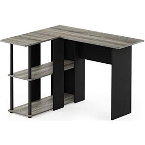 Furinno Abbott L-vormig bureau met planken, hout, Frans eiken, grijs/zwart, 87,5 x 104,5 x 73,51 cm