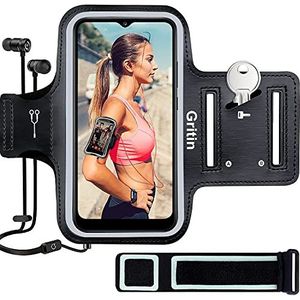 Gritin Sportarmband voor mobiele telefoon voor iPhone 12/12 Pro/12 Pro Max/11/11 Pro/XS/XR/X tot 6,7 inch, zweetbestendige telefoonhoes met sleutelhouder, koptelefoongat en verlengband-Zwart