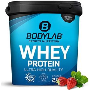 Bodylab24 Eiwitpoeder Whey Protein Aardbei 2kg, eiwitshake voor krachttraining en fitness, Whey poeder kan spieropbouw ondersteunen, Hoogwaardig eiwitpoeder met 80% eiwit, Aspartaamvrij