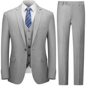 Cooper & Nelson Herenpak, slimfit, 3-delig pak voor heren, effen jas met één knoop, broek met stropdas, smoking, Lichtgrijs, L
