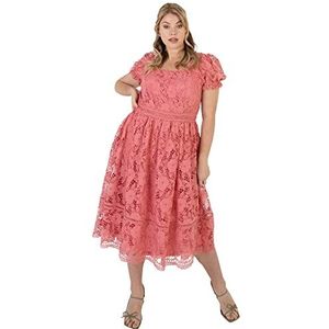 Lovedrobe Dames Dames Kant Midi Zonnejurk voor Plus Size Curve Korte Gepofte Mouw Vierkante Hals Hoge Taille Voor Zomer Bruiloft, Koraal, 50