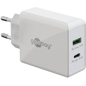 goobay 61674 Dual USB-C PD (Power Delivery) snellader (30 W) / Quick Charge voeding voor iPhone, Samsung, Huawai/mobiele telefoon oplader/oplaadadapter voor het stopcontact, wit
