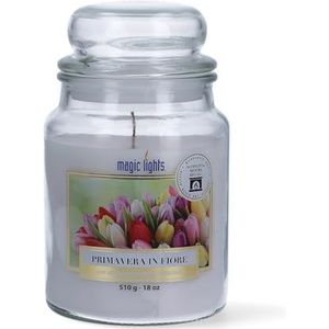 Magic Lights - Kaars in glas 510 g lente in bloesem - jasmijn - witte bloemen met plantaardige was min. 75% - natuurlijke houten lont die knettert, gemaakt in Italië