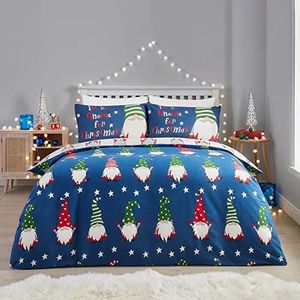 Fusion - Marineblauw Christmas Gonk Dekbedovertrek - Eenpersoonsbeddengoed (140 x 200 cm) - Omkeerbaar (2 kleuren) - 100% katoen - 1x kussensloop inbegrepen - Kerstkabouter Dekbedovertrek -