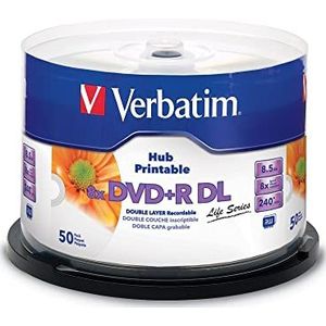 Verbatim DVD dubbellaagse DVD+R DL 8,5 GB/ 240 min. 8x, volledig bedrukbaar wit zonder ID, 50 stuks in taartdoos