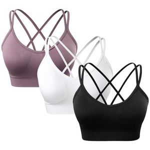 Sportbeha's met gekruiste rug, gewatteerde bandjes met gekruiste gekruiste bandjes voor yoga, workout, fitness, S-2XL, 3 stuks (zwart+wit+paars), M