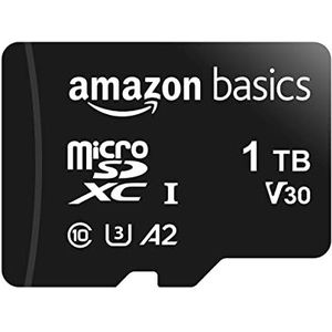 Amazon Basics Micro-SDXC-geheugenkaart, 1 TB, met SD-adapter, 1TB, A2, U3, leessnelheid tot 100 MB/s, zwart