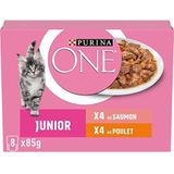 PURINA ONE Junior conische saus, verschillende smaken zalm en kip voor kittens, lunchzakjes, 8 x 85 g