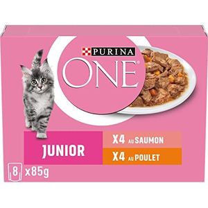 PURINA ONE Junior conische saus, verschillende smaken zalm en kip voor kittens, lunchzakjes, 8 x 85 g