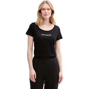 TOM TAILOR Basic T-shirt voor dames met logo-print, 14482 - Deep Black, XXL