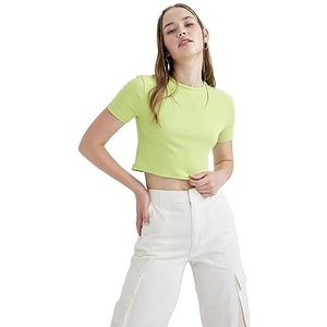 DeFacto Crop Tops voor dames, klassiek basic shirt voor dames, comfortabel T-shirt voor vrouwen, Volgens Groen, M