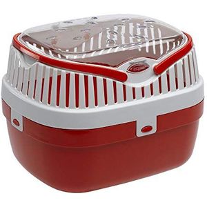 Ferplast Transportbox voor hamsters en andere kleine knaagdieren Aladino medium reiskooi voor hamsters, duurzame kunststof, gekleurde bodem met transparant deksel, 30 x 23 x 21 cm, rood