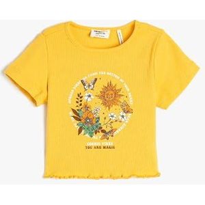 Koton Girls's Crop Korte Mouwen Bedrukt Crew Neck Geribbeld T-shirt, geel (161), 5-6 Jaar