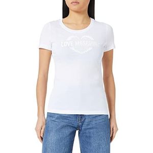 Love Moschino Dames Regular Fit Short-Sleeved with Striped Tape Along Shoulders Sleeves and Logo Patch T-Shirt, Optical White, 38