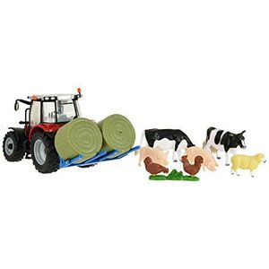Massey Fergusson 5612 Tractor-speelset, Britains modelspeelgoed, tractor met aanhanger en 5 dieren in schaal 1:32, boerderijspeelgoed geschikt voor verzamelaars en kinderen vanaf 3 jaar