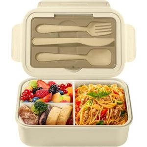 Diboniur Broodtrommel lunchbox met vakken, bestek voor kinderen en volwassenen, 1400 ml, Bento Box, werk, magnetronbestendig (kaki)