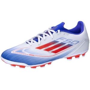 adidas F50 League voetbalschoenen voor dames en heren, kunstgrasschoenen, Ftwr White Solar Rood Lucide Blauw, 44 2/3 EU