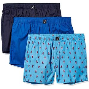 Nautica Boxershort voor heren, katoen, geweven 3-pack, Zee-kobalt/paviljoen/kreeft-blauw, XXS