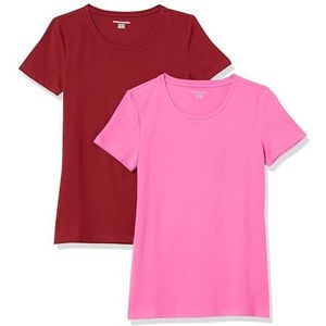 Amazon Essentials Women's T-shirt met korte mouwen en ronde hals in klassieke pasvorm, Pack of 2, Bordeauxrood/Roze, L