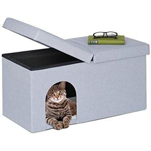 Relaxdays kattenhuis opvouwbaar, stevig zitbankje, kattenmand poef, HxBxD 38,5 x 74,5 x 37 cm, kattenmeubel stof, grijs