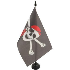 Piraten Rode Bandana Tafelvlag 14x21 cm - Jolly Roger Desk Vlag 21 x 14 cm - Zwarte plastic stok en voet - AZ FLAG
