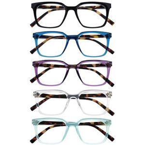 OPULIZE KOI Leesbrillen 5-Pack - Groot Rechthoekig Montuur - Zwart-Blauw-Paars-Helder-Aqua - Heren Dames - Veerscharnieren - RRRRR50-135CQ - +1.00