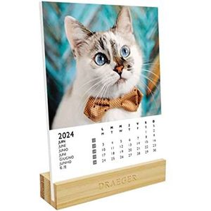 DRAEGER PARIS Kalender op basis katten 2024, 12 x 16,5 cm, jaar 2024, 7 talen, kalender voor maandelijkse kantoordecoratie, bamboe sokkel, FSC®-gecertificeerd papier, plantaardige inkt