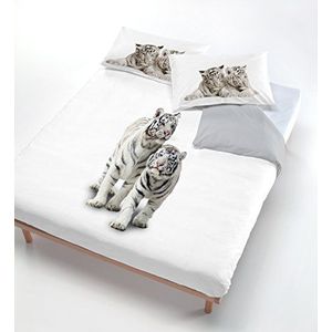 Italian Bed Linen Digitale dekbedovertrekset (zaklaken 250x200cm + 2 kussenslopen 52x82cm), grijze tijger, Linnen, DUBBEL