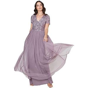 Maya Deluxe Stress dames jurk voor bruiloftsgast plus size imperium hoge taille pailletten korte mouwen avond bruidsmeisjesjurk (1 stuks), Moody Paars, 56