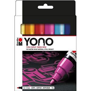 Marabu YONO 124000004004 Markerset met 12 kleuren, veelzijdige acrylstiften met Japanse ronde punt, 1,5-3 mm, op waterbasis, lichtecht en waterbestendig, voor bijna alle ondergronden