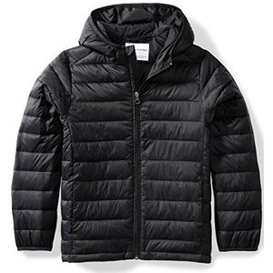 Amazon Essentials Lichtgewicht waterbestendige opvouwbare pufferjas met capuchon voor jongens, Zwarte Kaviaar, 8 jaar