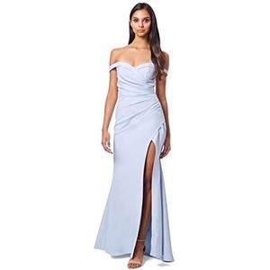 Bluebell Bardot Maxi Dress With Thigh Split And Button Back, Powder Blue, EU 34