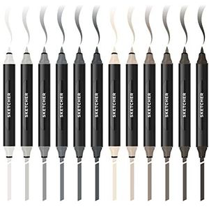 Molotow Sketcher Twinmarker Grey Kit 1 (Brush Tip & 3 mm wigpunt, kleurintensieve Aqua Pro inkt, sneldrogend, voor gebruik op papier), 12 stiften in warme grijstinten