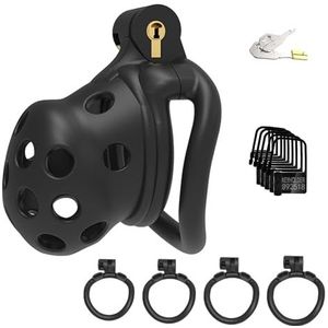 SeLgurFos Small 3D Cock Cage Porous Breathable Chastity Cage Set with 4 Penis Ring Lightweight Resin Penis Lock for Men Sissy Sex Toys BDSM Bondage for Adult Couples (Long-Arc Ring)