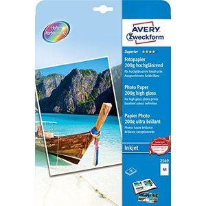 AVERY Zweckform 2569 Superior Inkjet fotopapier (25 vellen, 200 g/m², DIN A4-papier, eenzijdig gecoat, hoogglanzend, uitstekende kleurglans, inkjetprinter, na het afdrukken direct droog)