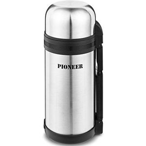 Pioneer Outdoor-thermosfles van hoogwaardig roestvrij staal met handvat en beker, 1,5 l, dubbelwandig, lekvrij, 8 uur warm of koel, BPA-vrij, geborsteld staal