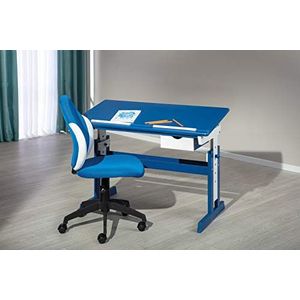 In hoogte verstelbaar bureau met kantelbaar bureaublad, wit met blauw, massief grenen en MDF