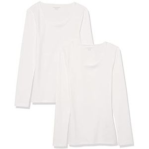 Amazon Essentials Damestrui met ronde hals, slimfit, geribbelde trui (verkrijgbaar in grote maten), 2 stuks, wit, XS